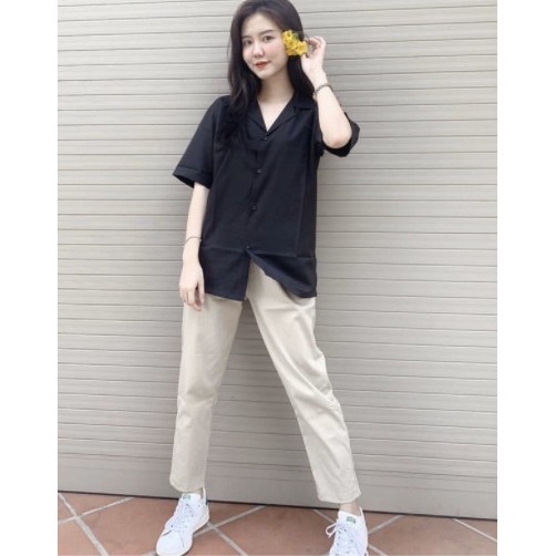 Áo sơ mi nam nữ cổ vest 2 màu trắng đen chất đẹp