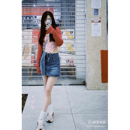 Chân váy denim cao bồi thắt lưng đeo hông dáng chữ A cá tính