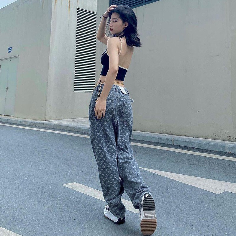 HOT HIT - Hàng Có Sẵn  Quần Jeans Ống suông rộng In Họa Tiết Phong Cách Hàn Quốc Size S-Xl Cho Nữ Quần LV ống rộng