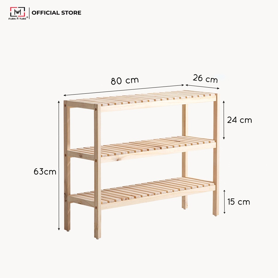 Kệ giày dép đa năng lắp ráp 3 tầng màu gỗ size 80x26x62 cm thương hiệu MW FURNITURE