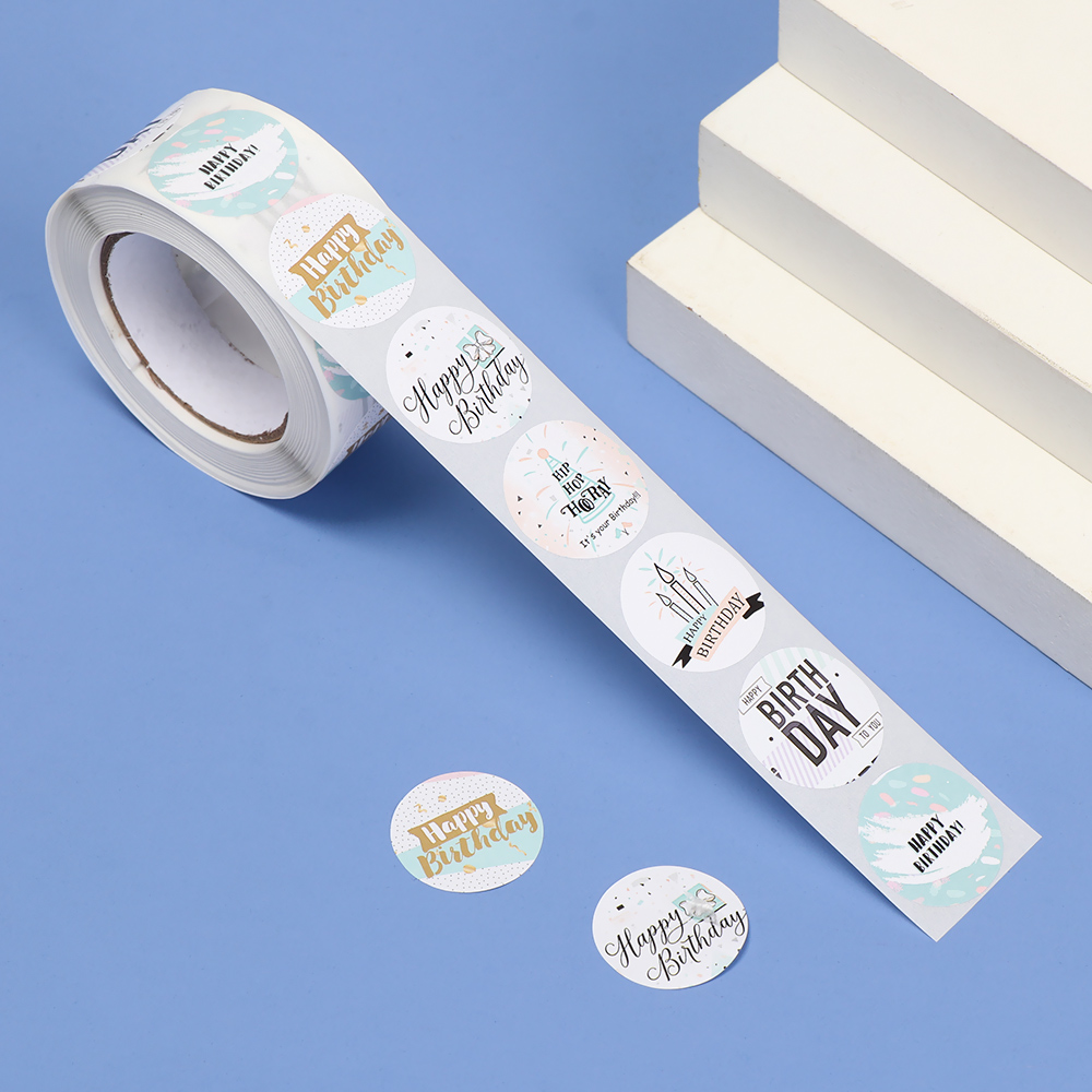 Cuộn 500 Nhãn Dán Hình Tròn In Chữ Happy Birthday Tự Dính Dùng Để Trang Trí Thiệp/Quà Tặng