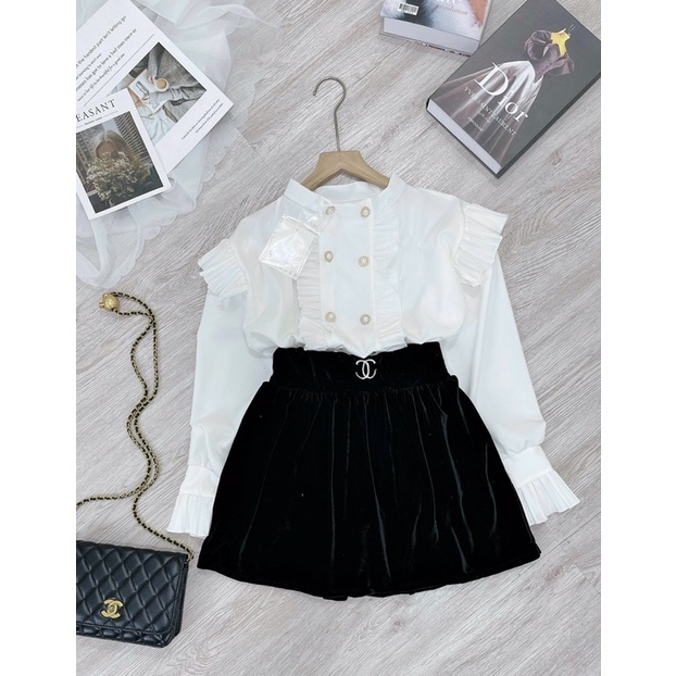 SET ÁO SƠ MI BÈO MIX CHÂN VÁY NHUNG DÁNG XOÈ SIÊU XINH | BigBuy360 - bigbuy360.vn