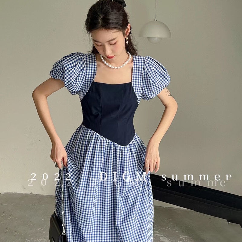 Đầm Chữ A Tay Phồng Họa Tiết Kẻ Sọc Phong Cách retro Thời Trang Hàn Quốc Cho Nữ