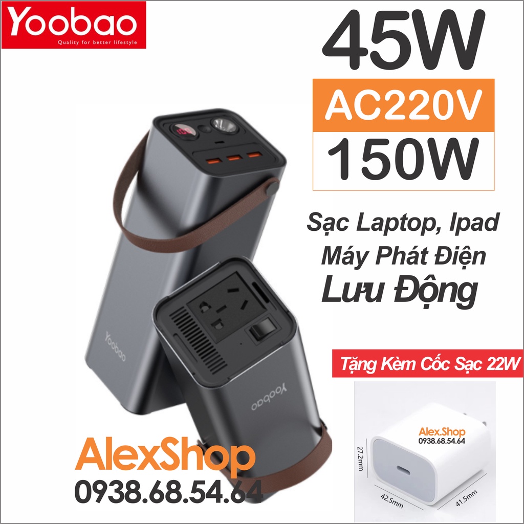 Bộ Phát Điện Đa Năng Yoobao 45W Đầu Cắm AC220V/TypeC/USB 42000mAh Sạc Laptop, Sạc Thiết Bị Di Động, Thiết Bị Điện Tử