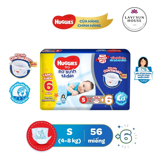 Tả dán sơ sinh huggies  mẫu mới, bỉm huggies bọc kén 360 độ s56 miếng tặng 10 miếng  (S56, NB58+2, NB1 100, NB2 60)