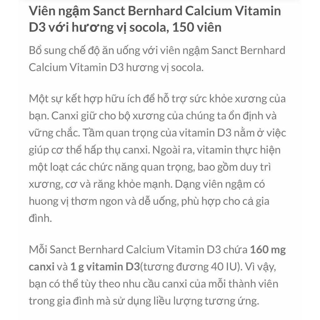 Viên Ngậm Sanct Bernhard Calcium Vitamin D3 Vị Socola, 150 Viên