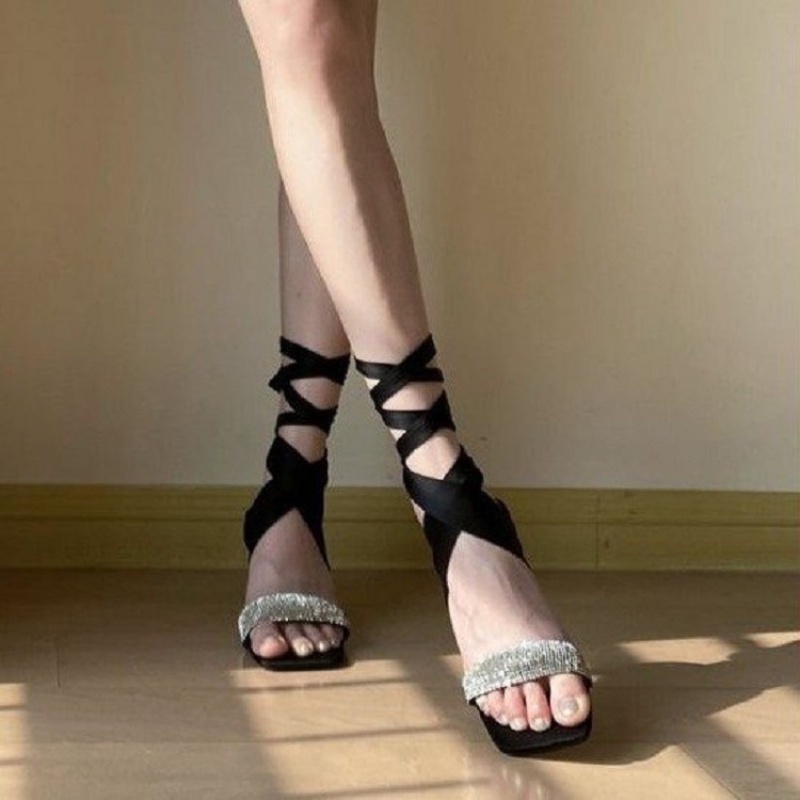 Giày Sandal Cao Gót Mũi Vuông Thắt Dây Đính Đá Satin Phong Cách La Mã Kiểu Mới Cho Nữ