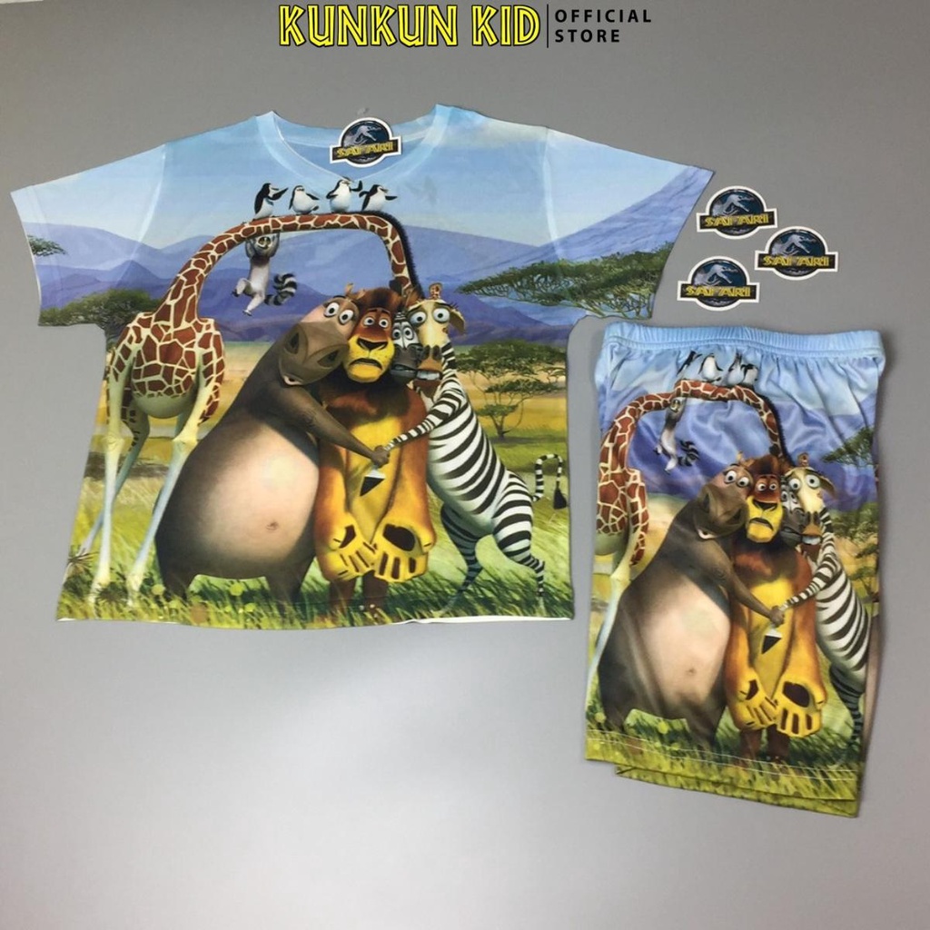 Đồ bộ thun lạnh tay ngắn In 3D cho bé trai hình Huơu cao cổ,Ngựa Vằn,Sử Tử,Hà Mã từ 10kg-40kg Kunkun Kid TP036