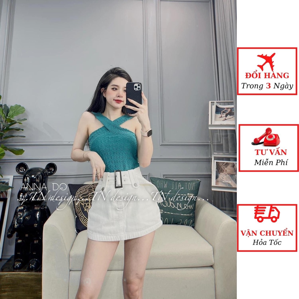 Áo 2 dây nữ xốp nhăn cổ yếm đan chéo ôm body phong cách sexy ulzzang Hàn Quốc