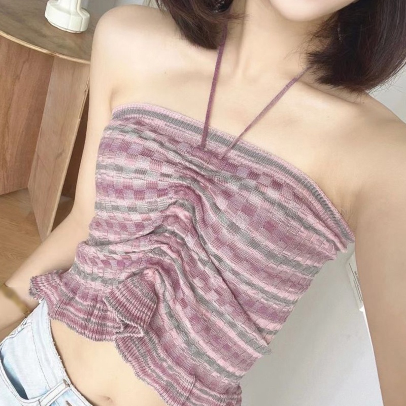 Brroa Áo Ống Nhún Bèo Họa Tiết Sọc Cầu Vồng Nhiều Màu Sắc Dành Cho Nữ