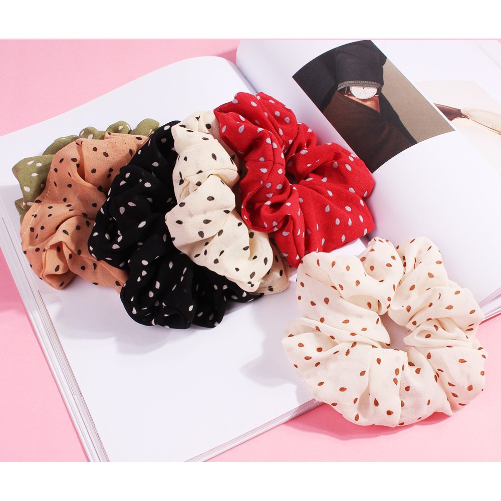 Dây buộc tóc scrunchie sắc màu chấm bi phong cách Hàn Quốc