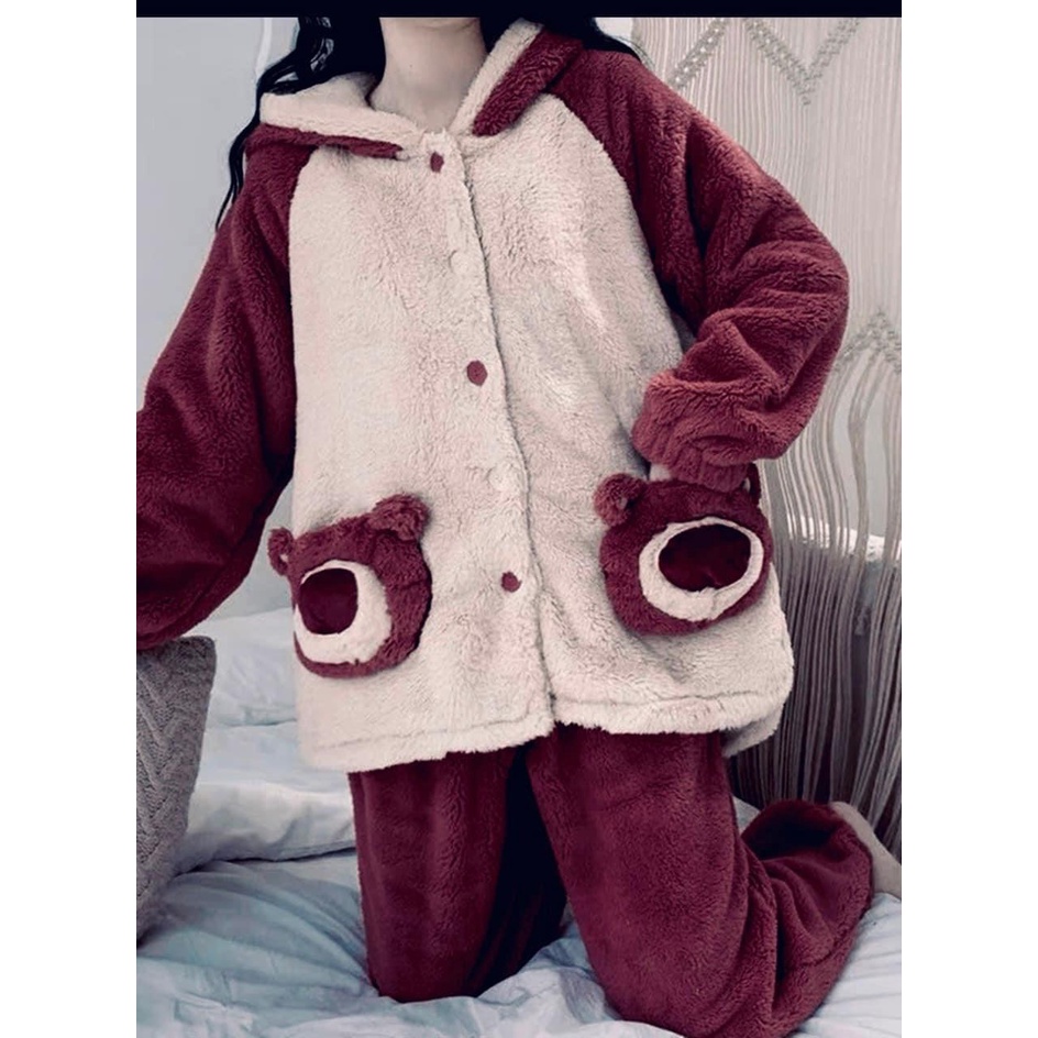 Bộ ngủ lông gấu đỏ siêu kute dễ thương ulzzang ,bộ đồ mặc nhà thu đông xinh sắn ấm áp mùa đông- NENEFASHION