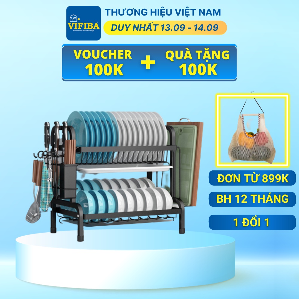 Kệ Úp Chén Đũa VIFIBA Tầng 2 Tầng 3 Tầng 61x23.5x53cm Thép Carbon Chống Gỉ Sơn Tĩnh Điện Màu Đen