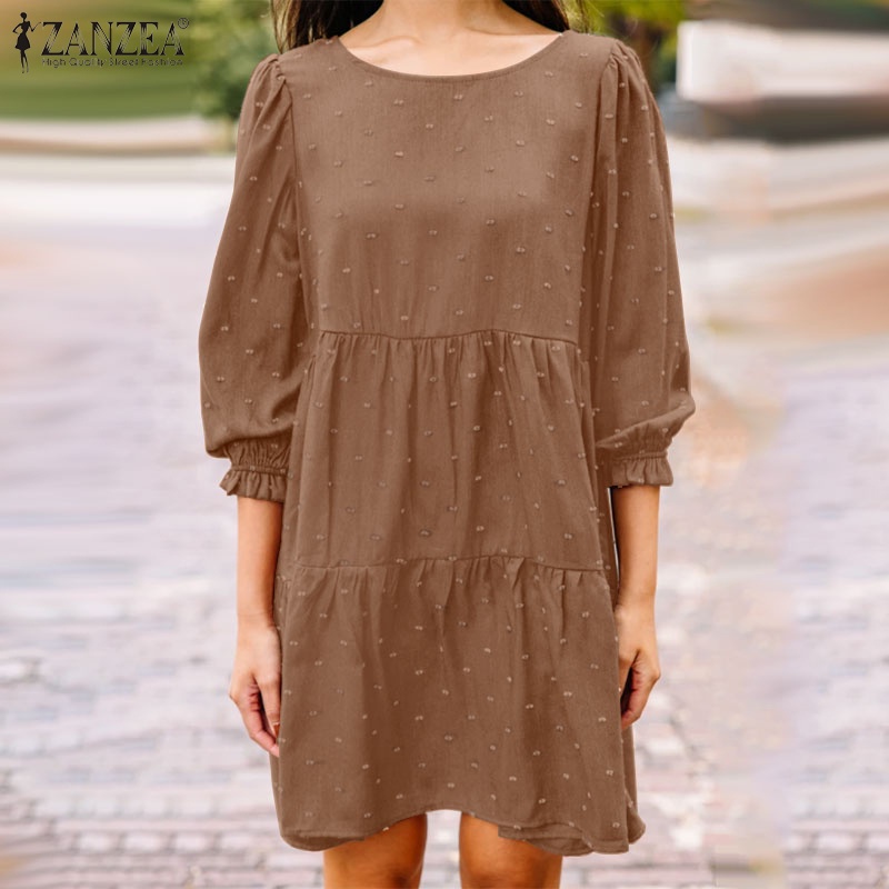 Đầm mini ZANZEA buộc dây sau lưng dáng rộng cổ tròn màu trơn cho nữ