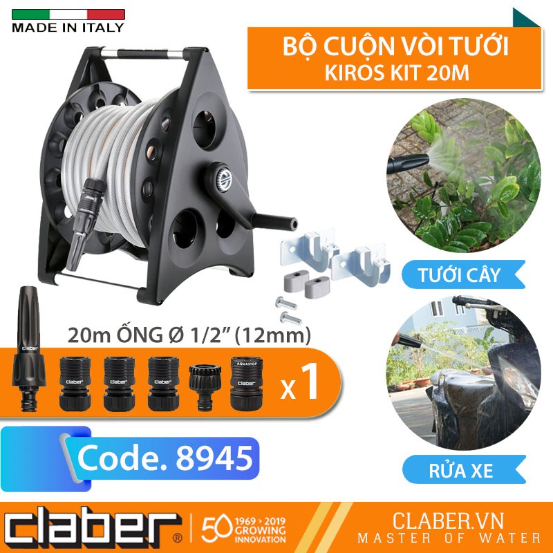 Bộ Cuộn Ống Tưới Cây Claber Kiros Kit 8945 , 20 mét ống phi 12mm, có vòi xịt, tăng thêm vòi tưới cao cấp