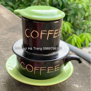 Phin pha cafe men đen khắc chữ COFFEE gốm sứ Bát Tràng cao cấp