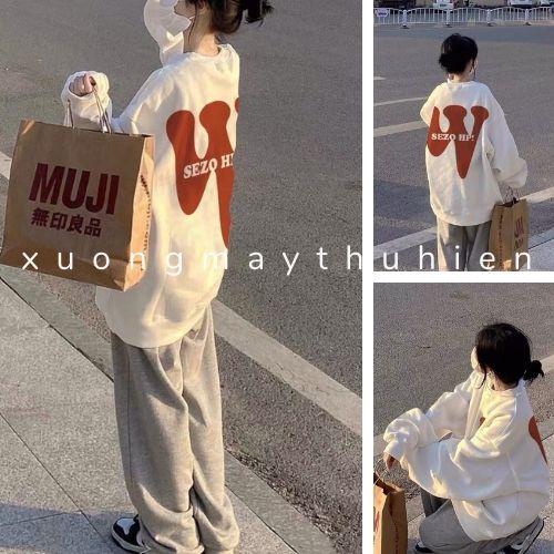 Set áo thun nỉ tay dài in chữ W mix quần jogger  Bộ đồ thể thao form rộng style Hàn quốc xuongmaythuhien