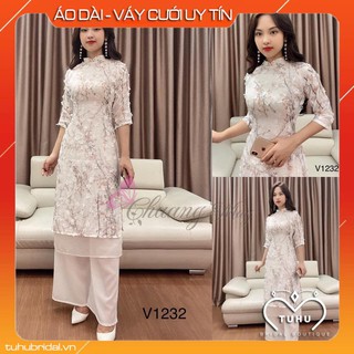 Áo dài hoa nổi 4 tà lửng Chaang may sẵn Kiểu áo cách tân lửng họa tiết hoa tết