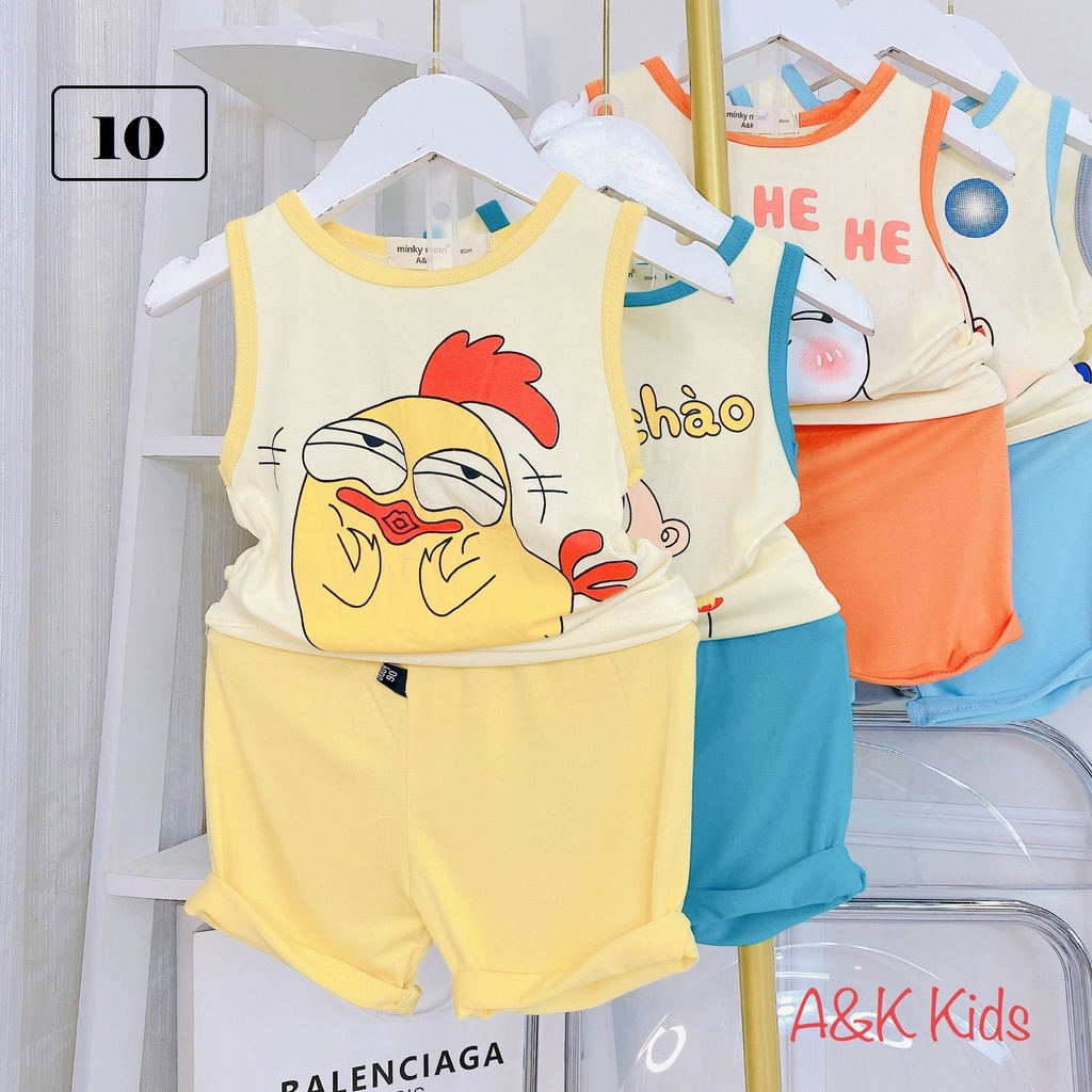Bộ ba lỗ viền in hoạt hình phối viền, thun lạnh minky mom,cho bé trai, gái từ 7kg đến 30kg M10