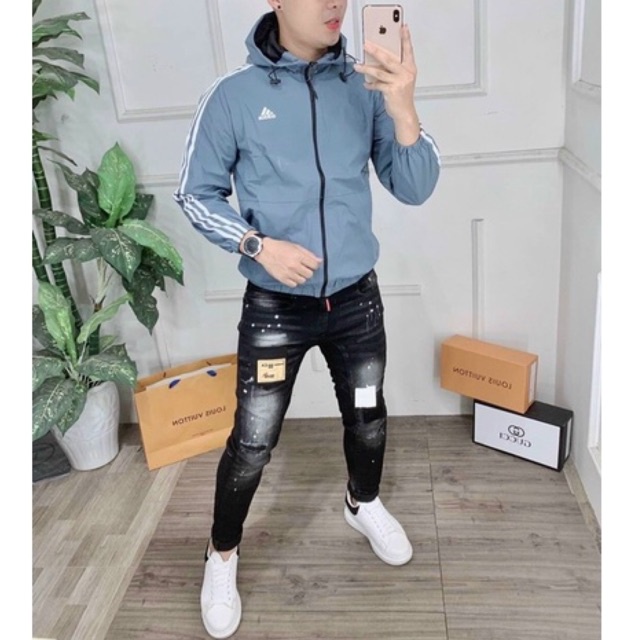 Áo khoác gió ads nam nữ phối viền 3 kẻ sọc phối 2 màu có mũ 2 lớp