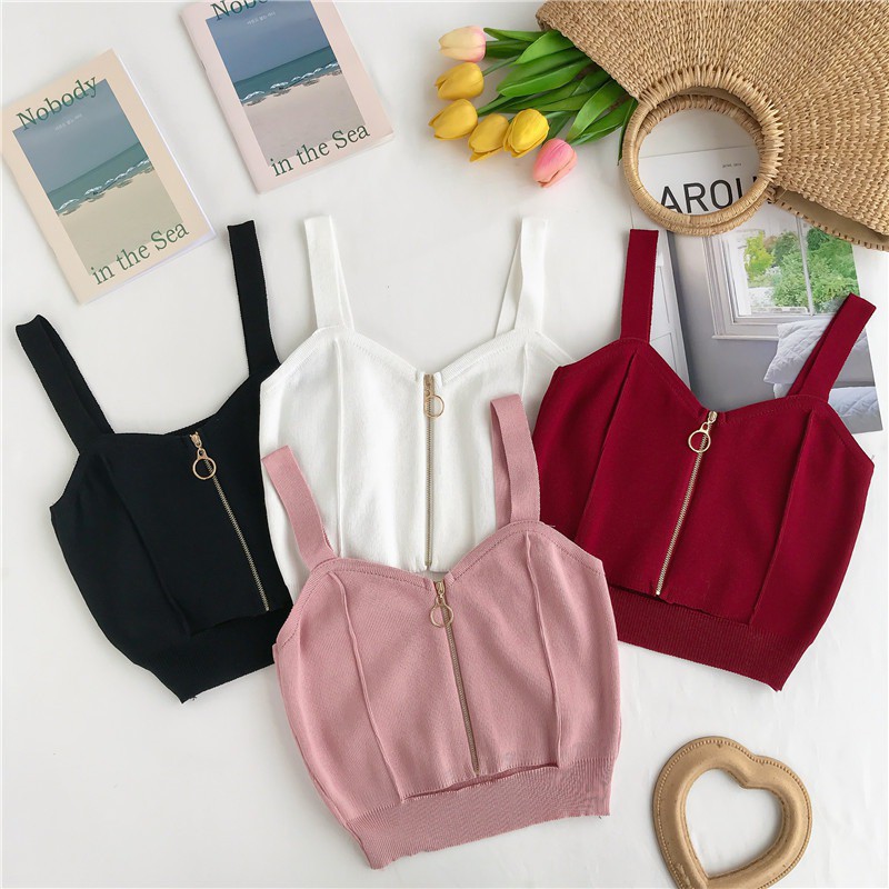 Áo hai dây dệt kim màu trơn cổ chữ V gợi cảm quyến rũ dành cho nữ