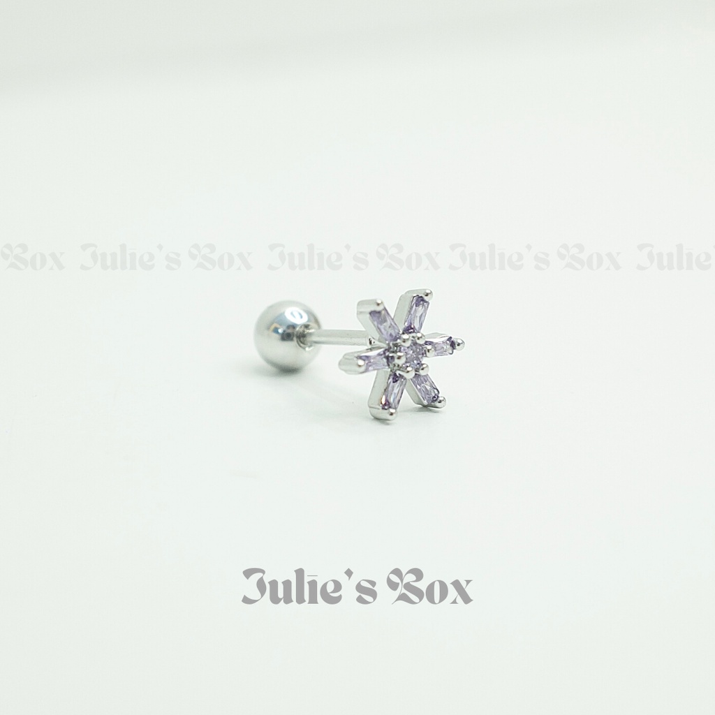 [1 Chiếc] Khuyên Tai Titan Hoa 6 Cánh Đá Tím Unisex Màu Bạc Đuôi Bi Không Gỉ Sét Không Ngứa Bông Tai Julies Box 66
