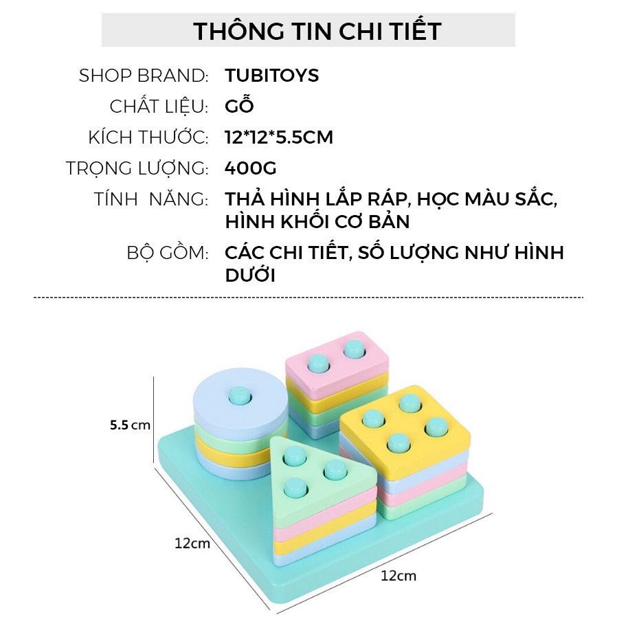 Đồ chơi giáo dục Montessori Thả hình khối vào cọc giúp trẻ phân biệt hình khối màu sắc ETOYS