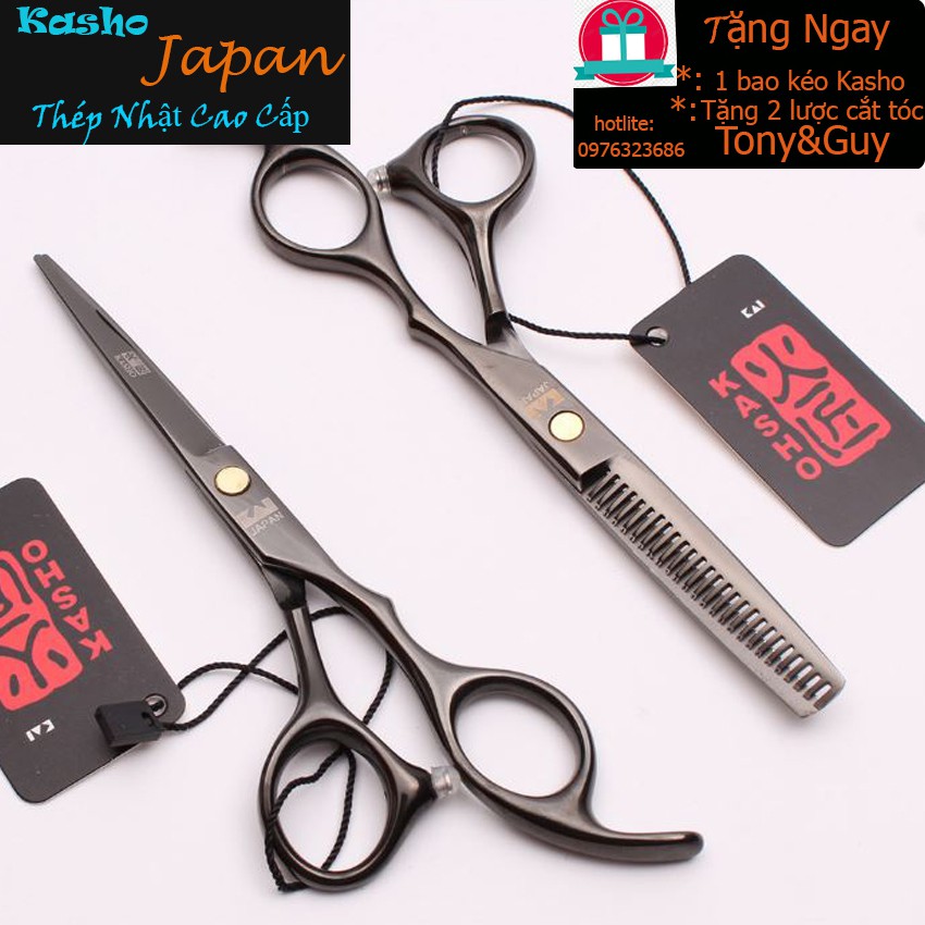Bộ 2 kéo cắt tóc KASHO ks01 ( Mua một bộ kéo được tặng bao da+lọ dầu+khóa kéo+2lược)