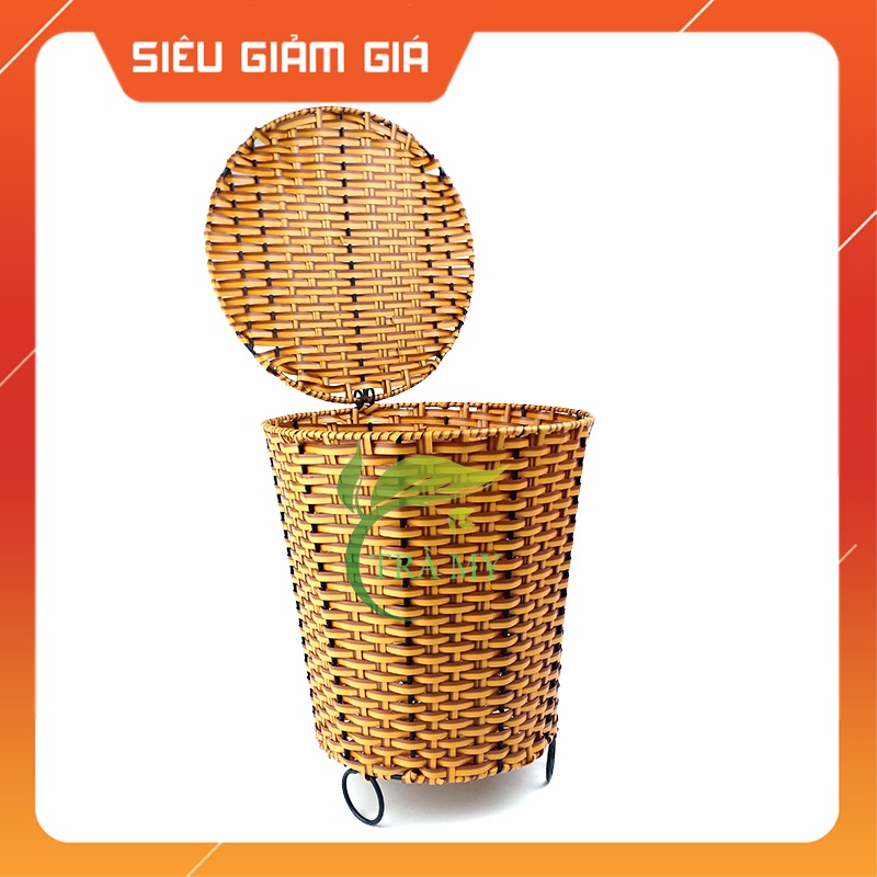 Xô/Sọt Tròn Cạnh Xéo Dây Nhựa Kiểu Mây Tre Đan Có Nắp Đựng Rác Quán Ăn Khách Sạn - Mây Tre Trà My