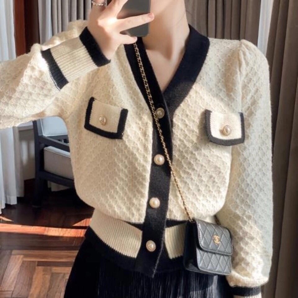 Áo khoác cardigan phối nút ngọc trai giả phong cách cổ điển dễ thương thời trang dành cho nữ