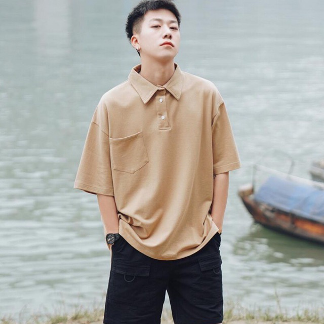 Áo polo da cá cotton Boin Unisex, Áo thun cổ bẻ trơn có túi 4 màu trắng - đen - nâu - xanh cho nam và nữ _ hình Thật