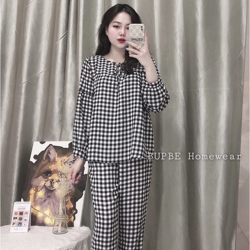 Đồ bộ nữ, pijama dài tay họa tiết kẻ SOMNIA, đồ ngủ bigsize, bộ ngủ mặc nhà , pyjama chất thô mềm mại