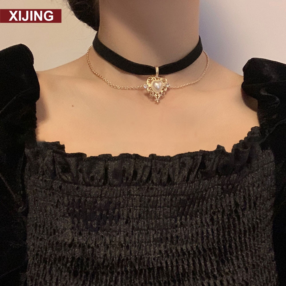 Vòng cổ choker bằng nhung mặt trái tim màu vàng thời trang cổ điển cho nữ