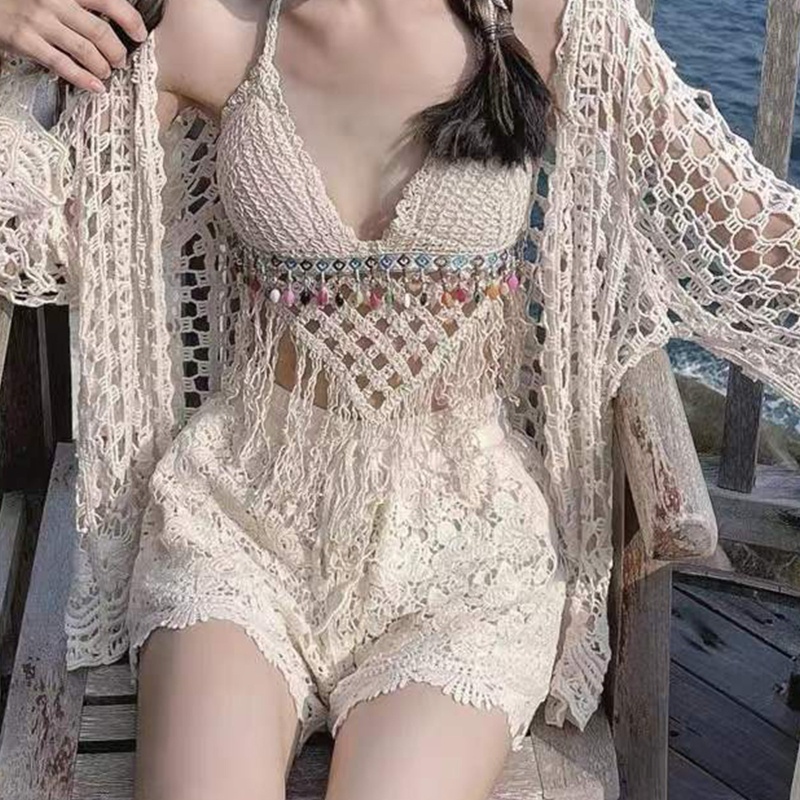 Brroa Áo Ngực Đan Móc Tam Giác Viền Sọc Caro Dạng Dây Tua Rua Xỏ Hạt Rỗng Cho Nữ T