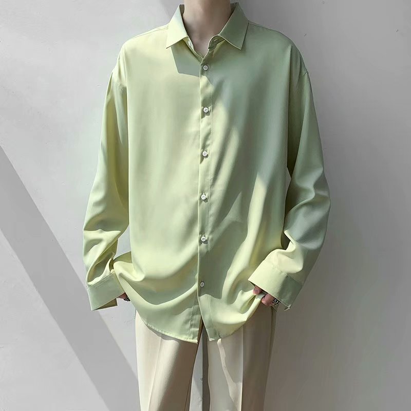 Áo Sơ Mi Trơn Tay Dài Dáng Rộng Thoáng Khí Phong Cách Hàn Quốc Thời Trang Cho Nam