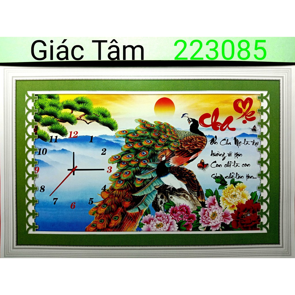 Tranh thêu CHA MẸ - 81x52cm - 223085 - ĐỒNG HỒ CHIM KHỔNG TƯỚC CÂY TÙNG HOA CÚC CHỮ SỐ - tranh thêu chữ thập chưa thêu