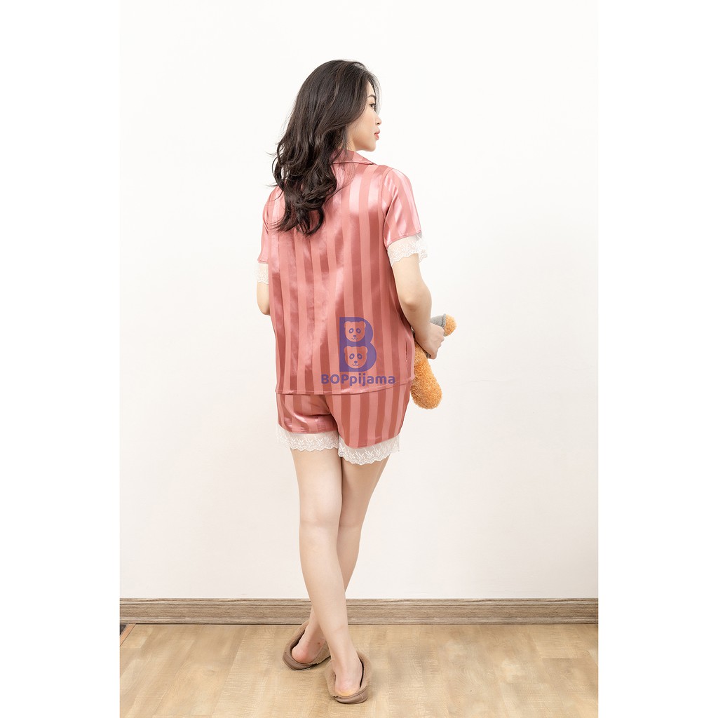 Đồ bộ ngủ cộc nữ pijama lụa gấm quần đùi có túi phối ren cao cấp- 09