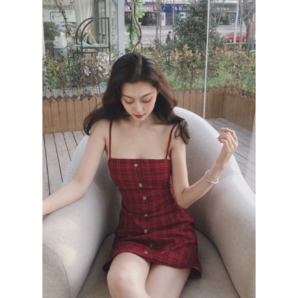 [Mã FAGREEN1505 giảm tới 30K đơn 99K] Đầm Xòe 2 Dây Kẻ Caro Đỏ Dáng Chữ A Hở Lưng Buộc Nơ Cực Xinh Freesize<52kg - V.009 | BigBuy360 - bigbuy360.vn