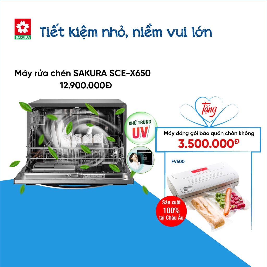 Máy Rửa Chén Bát SAKURA SCE-X650 - Máy rửa sấy chén 2 trong 1 công suất 1250W - Bảo hành chính hãng 24 tháng Mekong