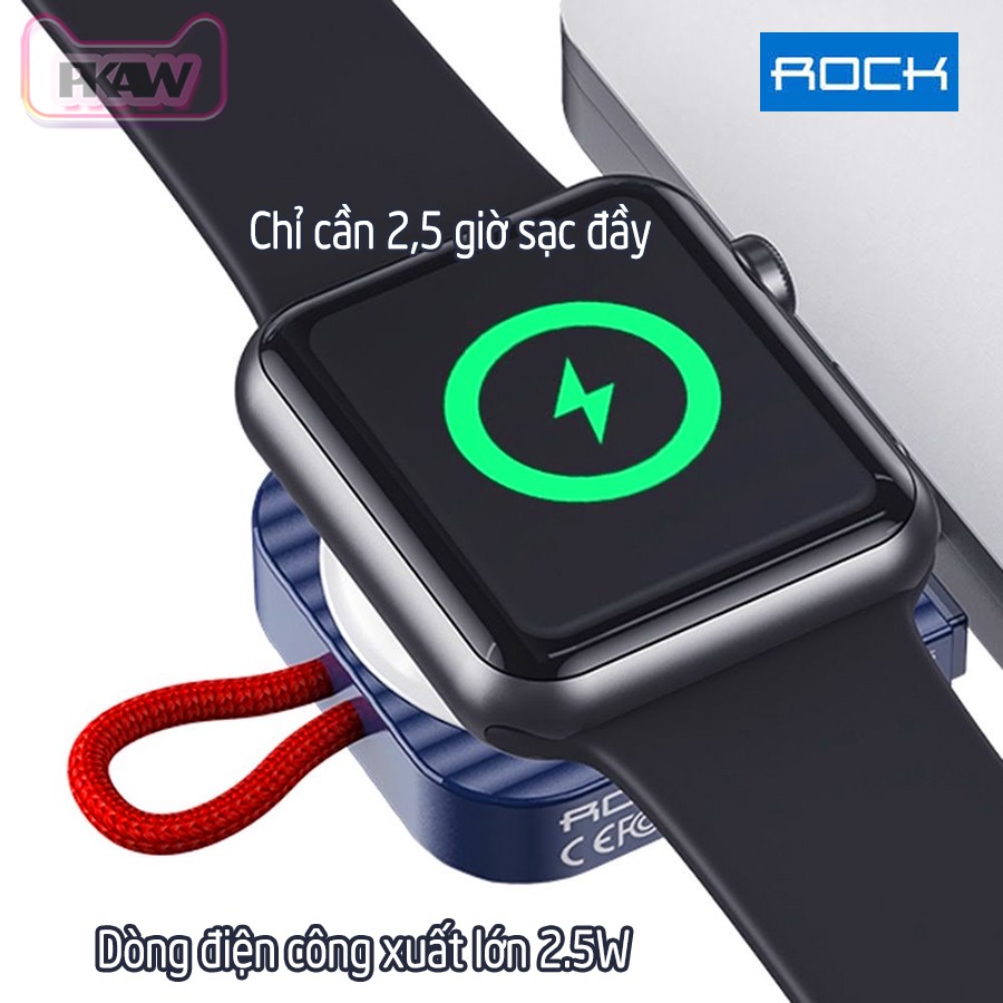 Đế Sạc Không Dây Rock W26 cho Apple Watch 38/40/42/44mm Series 1/2/3/4/5/6/Se - cổng USB-A - Trắng, Xanh.