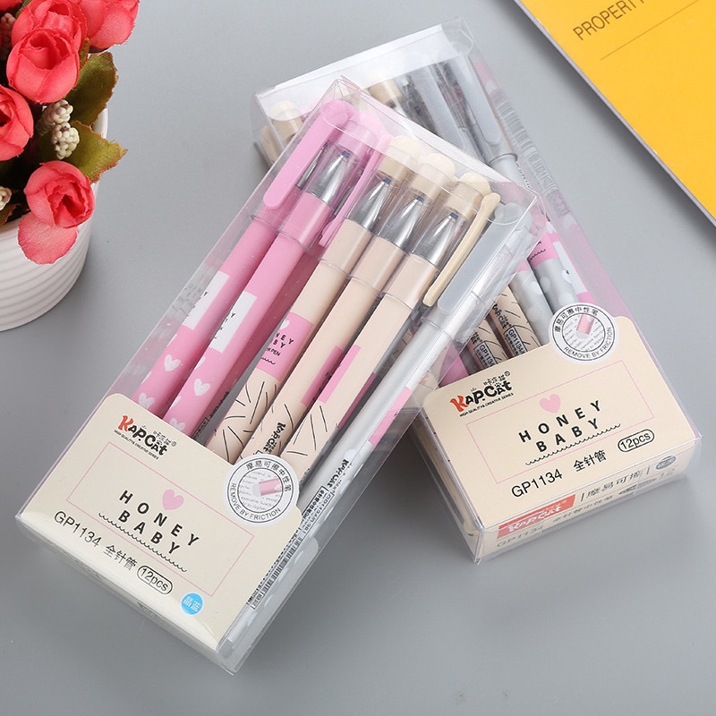 Bút bi ngòi 0.38mm mực đen / xanh dương xóa được thiết kế vỏ họa tiết trái tim dành cho trường học / văn phòng