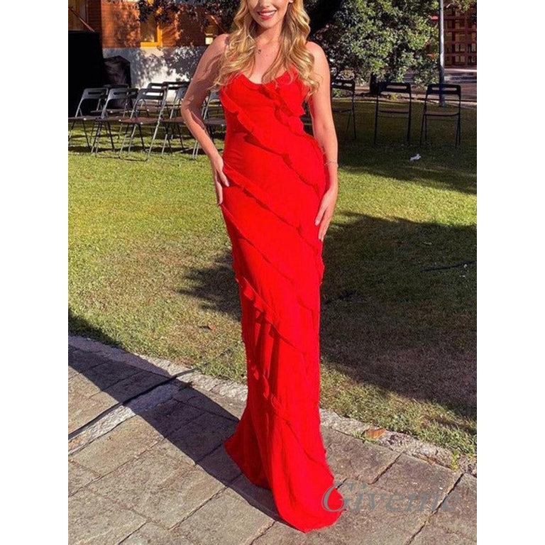 Đầm Dài Không Tay Màu Trơn Phối Bèo Nhún Thời Trang Dự Tiệc Cho Nữ