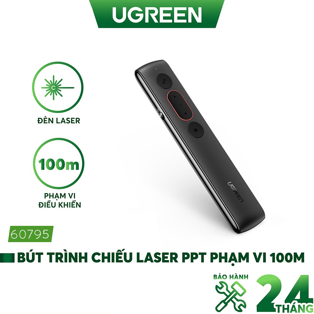 Bút trình chiếu PowerPoint Laser hãng UGREEN 60795 không dây điều khiển từ xa 100m cổng sạc USB type C, pin 300mAh