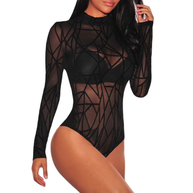 Áo Liền Quần Tay Dài Cổ Cao Phối Lưới Xuyên Thấu Thời Trang Quyến Rũ Cho Nữ