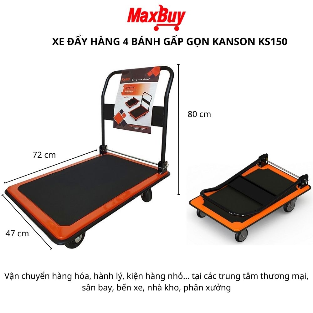 Xe đẩy kéo hàng 4 bánh gấp gọn chống ồn sàn thép Kanson tải trọng 150kg KS150 bảo hành chính hãng giao hỏa tốc HN