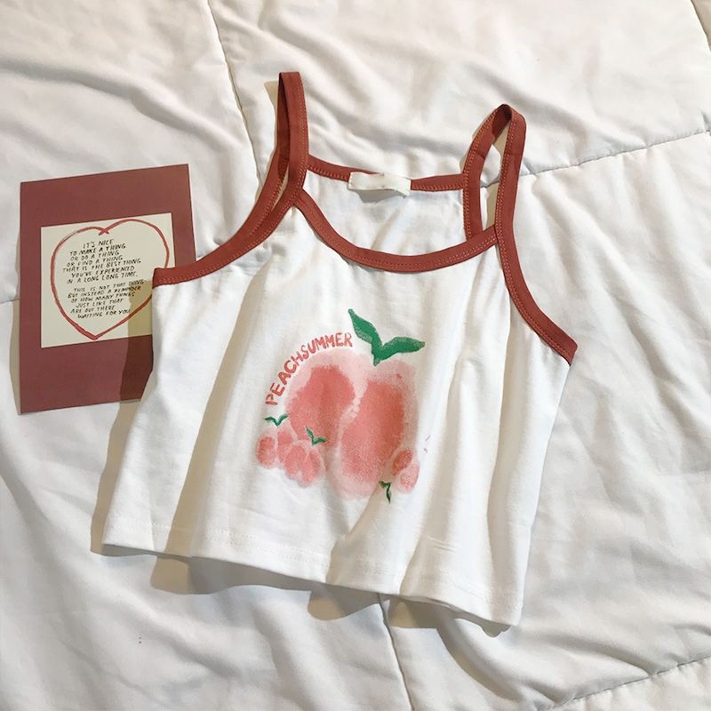 Áo Lửng Hai Dây In Họa Tiết Trái Đào Thời Trang Mùa Hè Cho Nữ