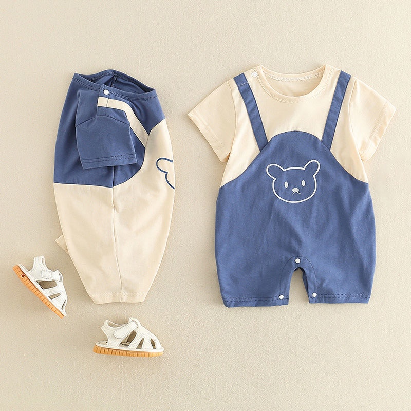 Áo Liền Quần Bằng Cotton Tay Ngắn In Họa Tiết Gấu Dễ Thương Thời Trang Mùa Hè Cho Bé Sơ Sinh 0-2 Tuổi