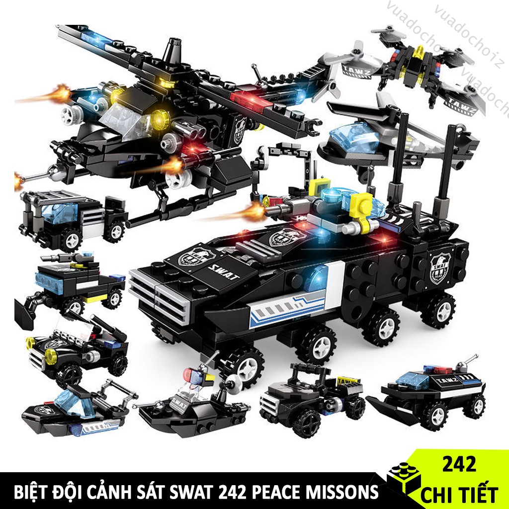 [242 CHI TIẾT] ĐỒ CHƠI LẮP RÁP CẢNH SÁT SWAT GỒM XE CẢNH SÁT, MÁY BAY, TÀU THUYỀN, CHIẾN HẠM