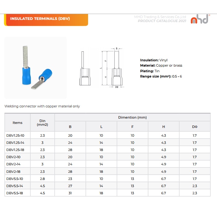 Đầu cosse pin dẹp đã chụp nhựa MHD DBV  /Giá bao
