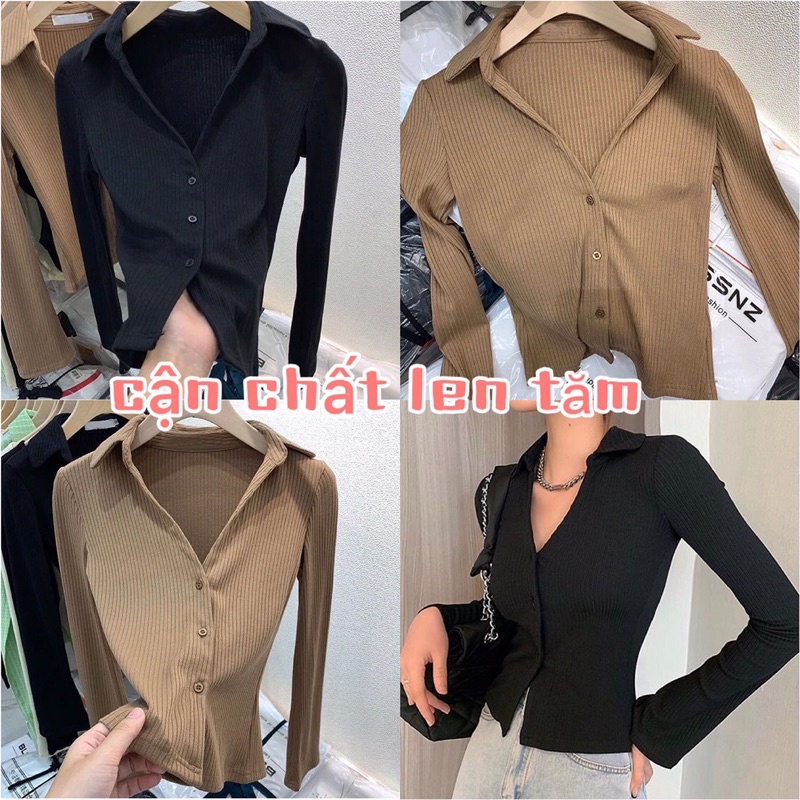 Áo Thun Nữ Dài Tay Cổ Bẻ Cúc Thật , Áo Kiểu Polo Cổ V Chất Len Tăm Mỏng Mềm Siêu Co Dãn AT250